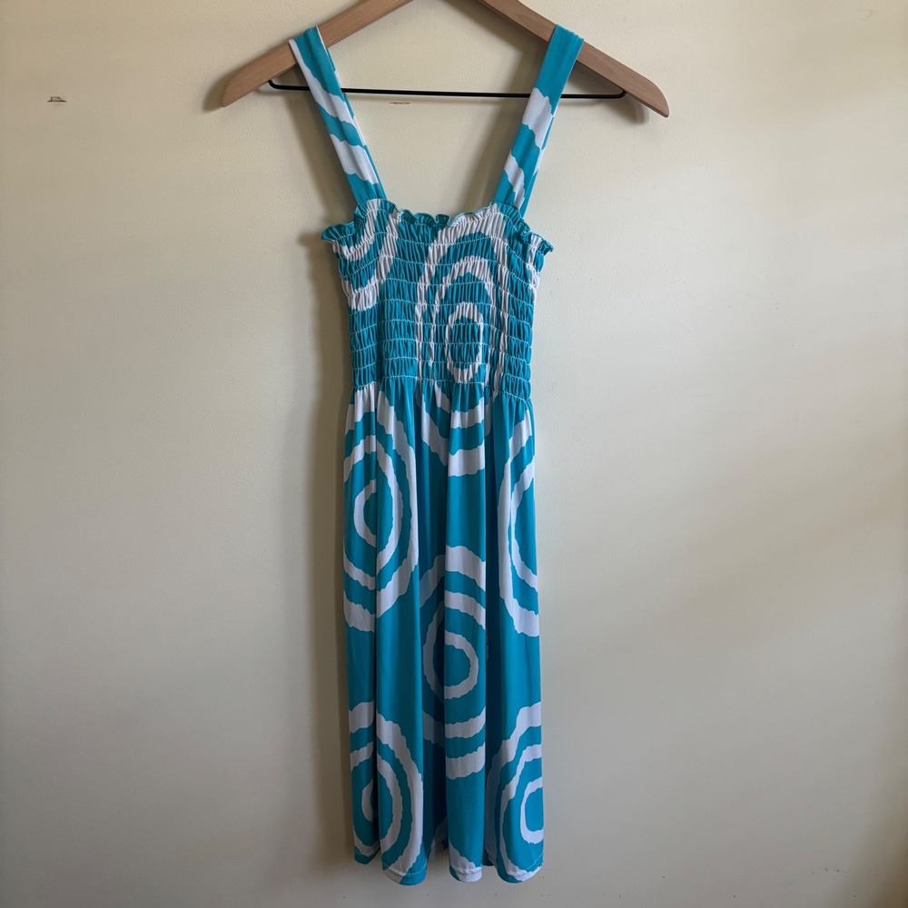 Eros Turquoise White Swirl Print Smocked Midi Sun Dress Size S/M